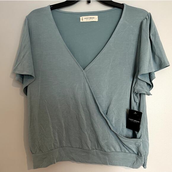 NWT Lucky Brand Sandwash Short Sleeve Wrap Top, Mineral Blue, Women’s Large - Picture 5 of 12